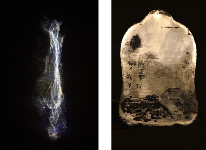 Spiroir et Transfert, 2011 Gauche : patron lumineux / lumière, dimensions variables Droite : résine, surface d’argent (tain) 96 x 70 x 4,5 cm Photos : Denise Dumas